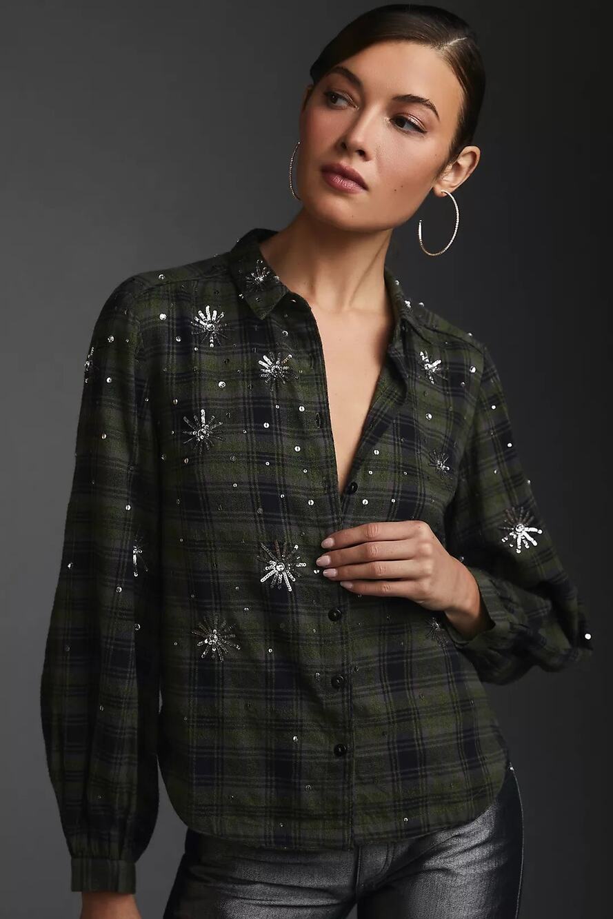 Pilcro Anthropologie Embroidered Sequin Plaid Flannel Shirt Size Small